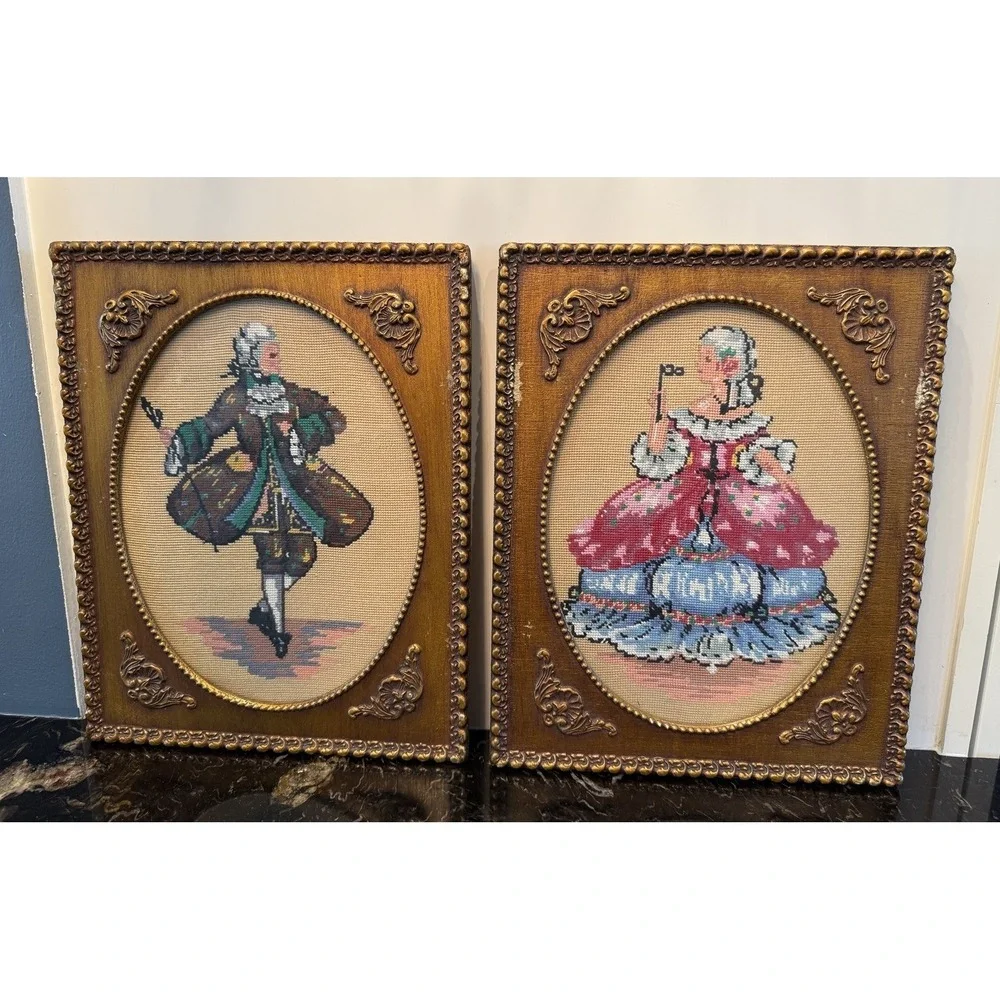2 Vintage Framed Needlepoint Gilded Victorian Style Frames w Courting Couple
